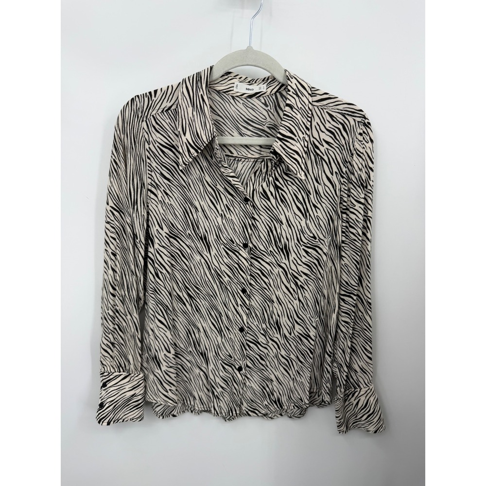 MNG Mango Zebra Print Button Down Shirt Women Size 10 Black Cream Animal Viscose